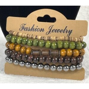 Boho Beaded Bracelet‎ Set 5pc Stretch Stack Wood Bead Earth Tone Womens